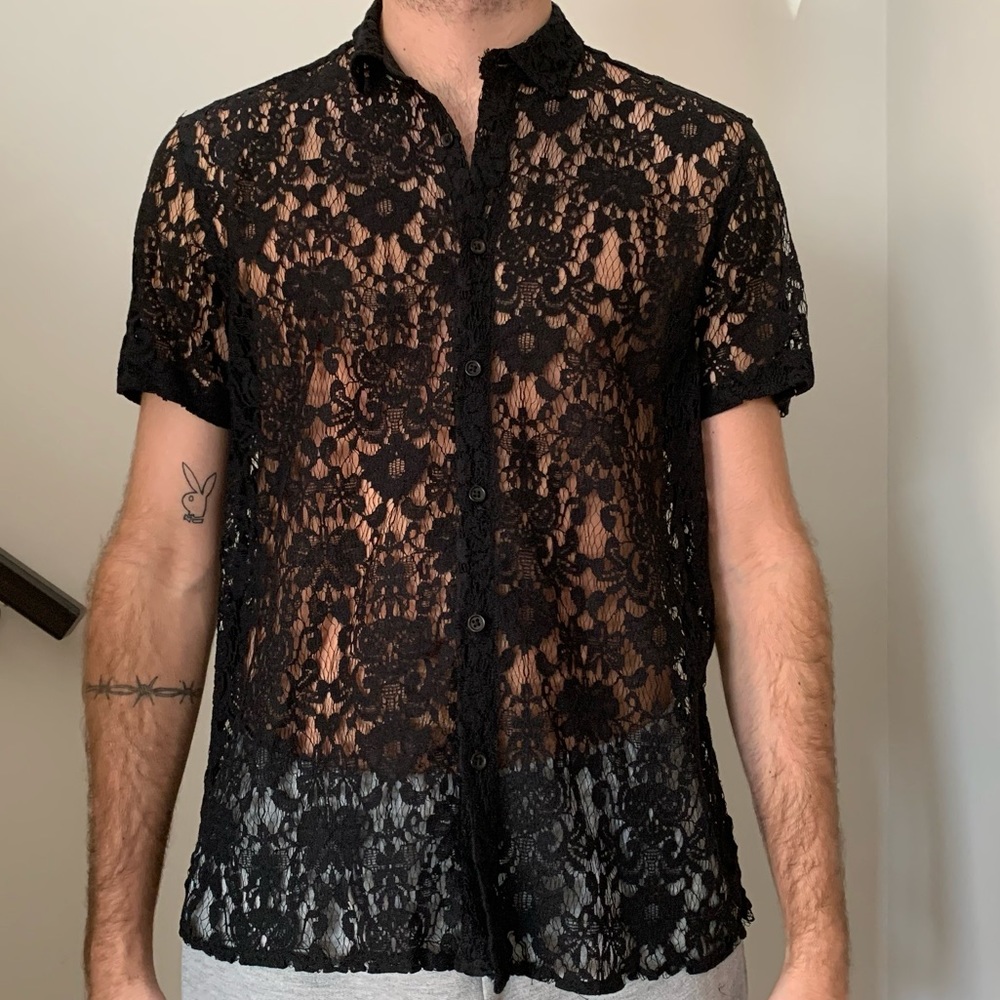 TOPMAN Lace Button Up Shirt, Black See-through